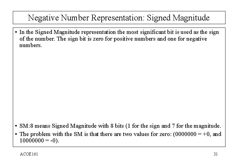 Negative Number Representation: Signed Magnitude • In the Signed Magnitude representation the most significant