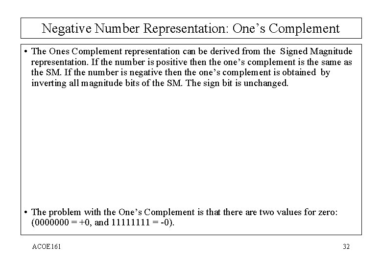 Negative Number Representation: One’s Complement • The Ones Complement representation can be derived from