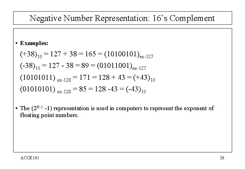 Negative Number Representation: 16’s Complement • Examples: (+38)10 = 127 + 38 = 165