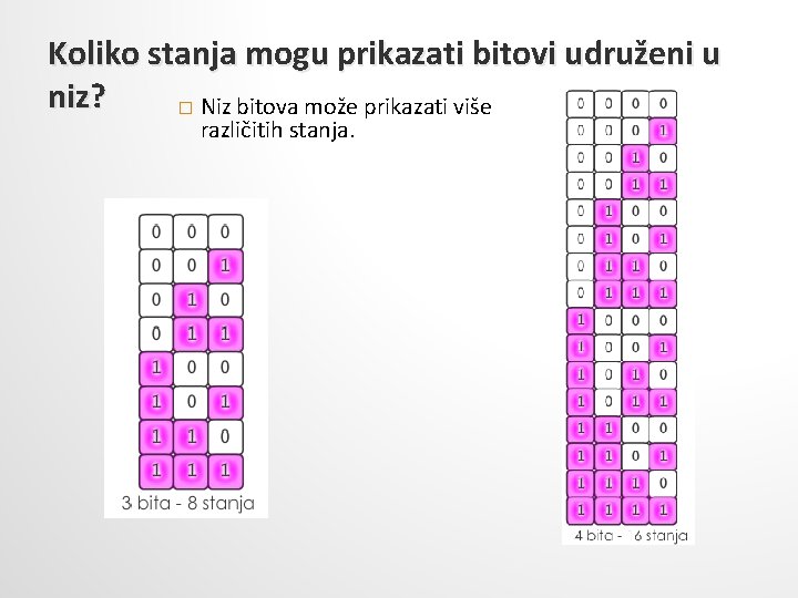 Koliko stanja mogu prikazati bitovi udruženi u niz? � Niz bitova može prikazati više