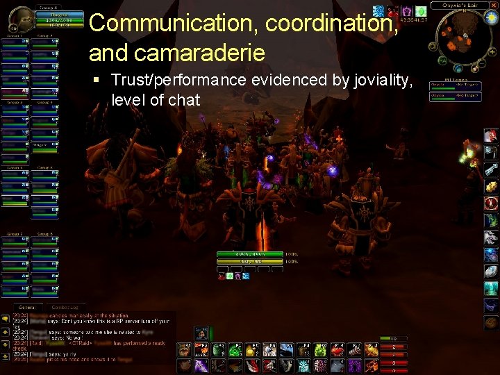 Communication, coordination, and camaraderie Trust/performance evidenced by joviality, level of chat 