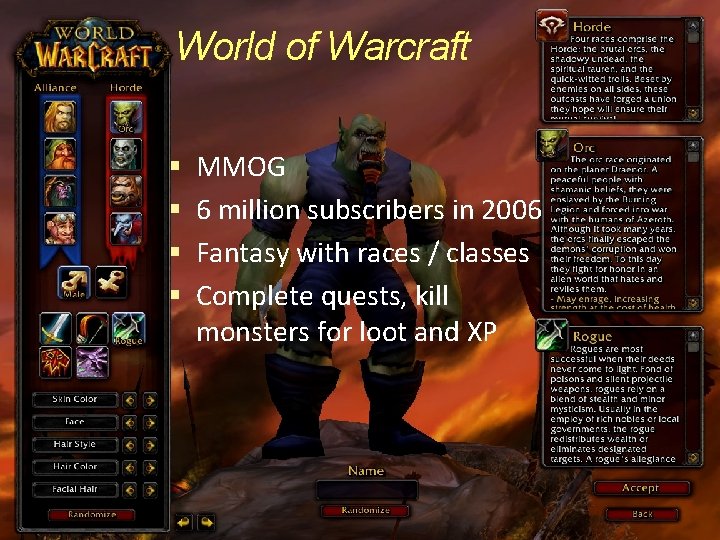 World of Warcraft MMOG 6 million subscribers in 2006 Fantasy with races / classes