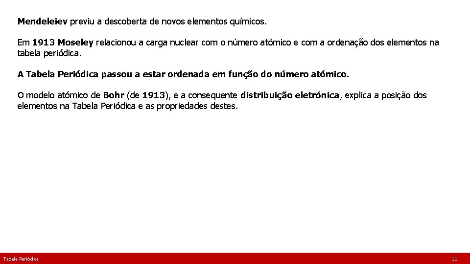 Mendeleiev previu a descoberta de novos elementos químicos. Em 1913 Moseley relacionou a carga
