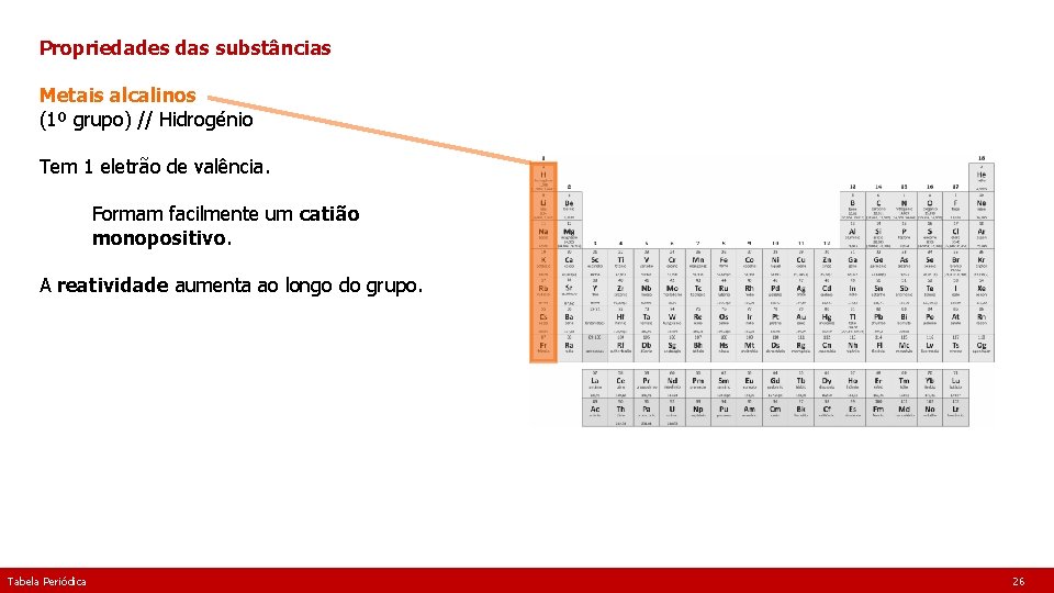 Propriedades das substâncias Metais alcalinos (1º grupo) // Hidrogénio Tem 1 eletrão de valência.
