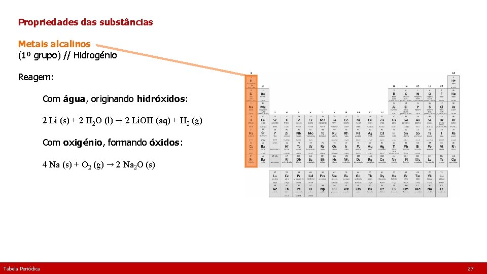 Propriedades das substâncias Metais alcalinos (1º grupo) // Hidrogénio Reagem: Com água, originando hidróxidos: