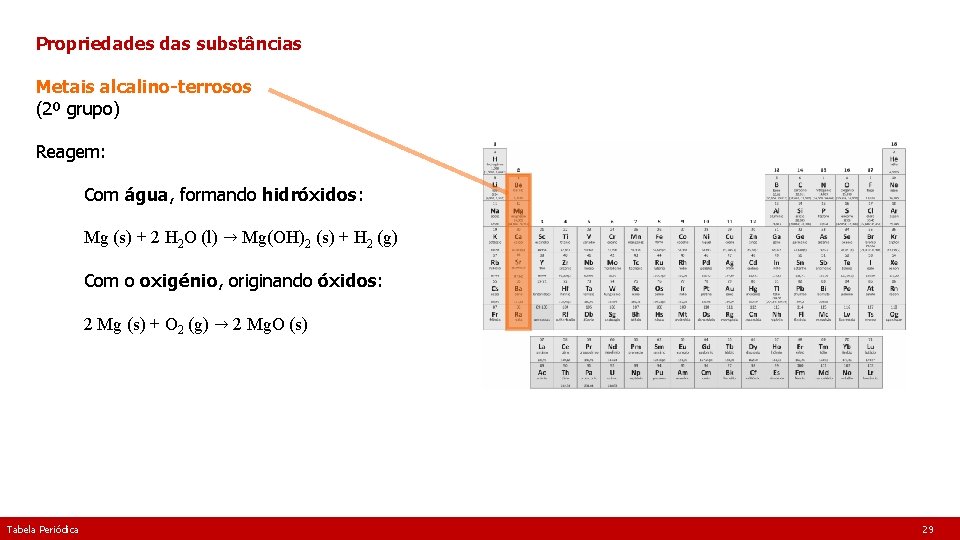 Propriedades das substâncias Metais alcalino-terrosos (2º grupo) Reagem: Com água, formando hidróxidos: Mg (s)