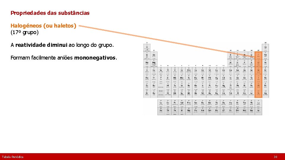 Propriedades das substâncias Halogéneos (ou haletos) (17º grupo) A reatividade diminui ao longo do