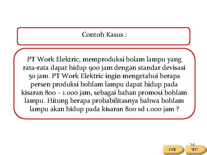 Contoh Kasus : PT Work Elektric, memproduksi bolam lampu yang rata-rata dapat hidup 900