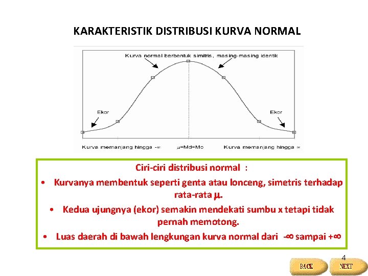 KARAKTERISTIK DISTRIBUSI KURVA NORMAL Ciri-ciri distribusi normal : • Kurvanya membentuk seperti genta atau