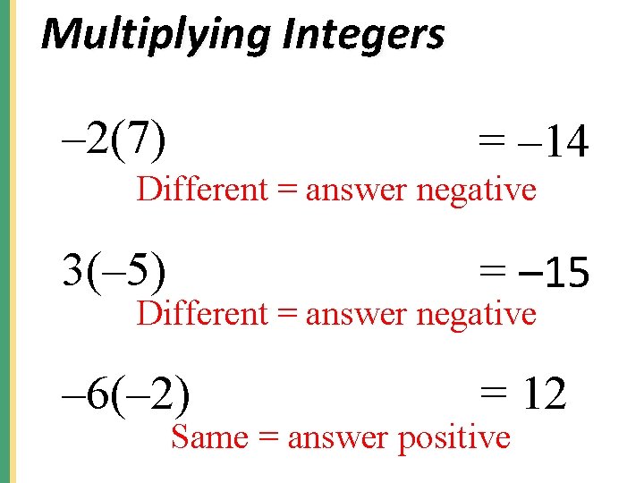 Multiplying Integers – 2(7) = – 14 Different = answer negative 3(– 5) =