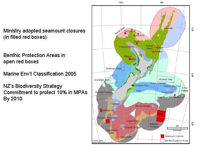 Ministry adopted seamount closures (in filled red boxes) Benthic Protection Areas in open red