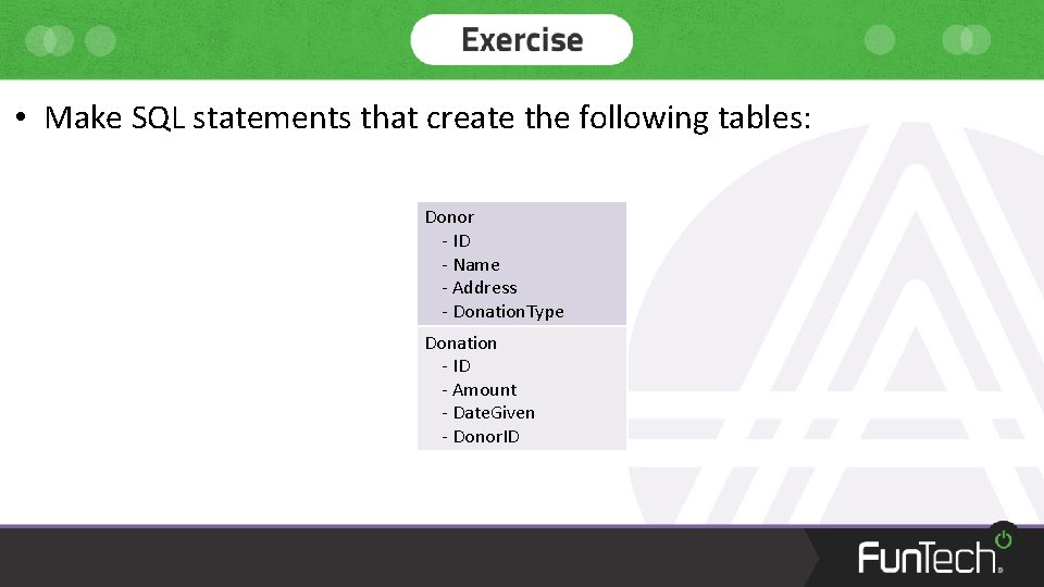  • Make SQL statements that create the following tables: Donor - ID -