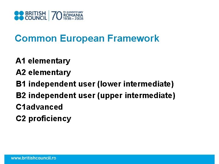 Common European Framework A 1 elementary A 2 elementary B 1 independent user (lower