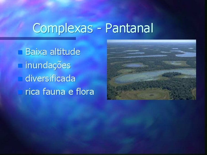 Complexas - Pantanal Baixa altitude n inundações n diversificada n rica fauna e flora