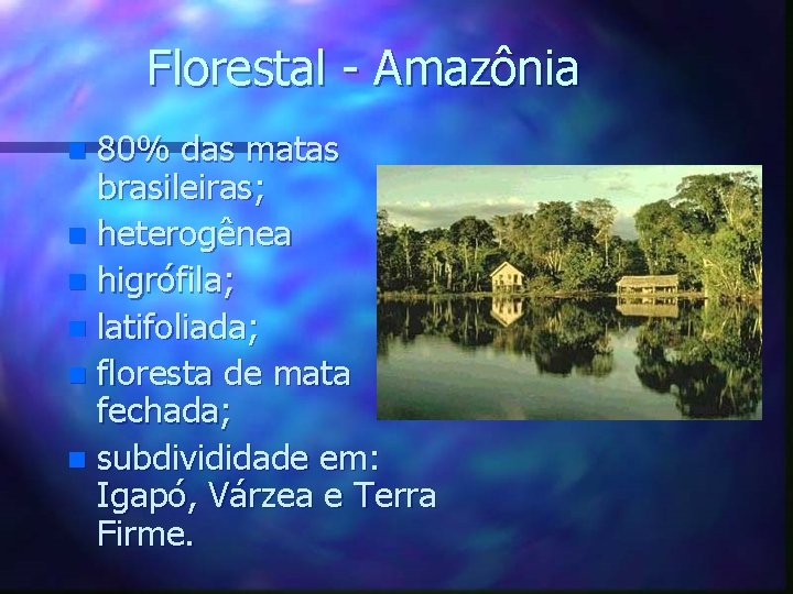 Florestal - Amazônia 80% das matas brasileiras; n heterogênea n higrófila; n latifoliada; n