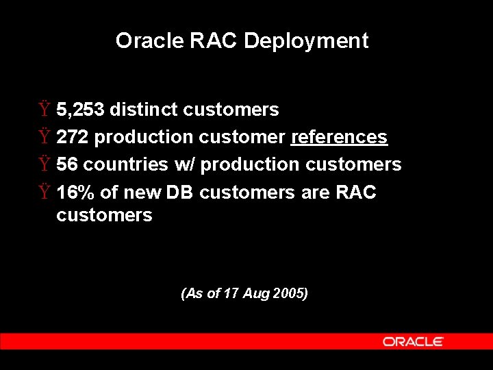 Oracle RAC Deployment Ÿ 5, 253 distinct customers Ÿ 272 production customer references Ÿ