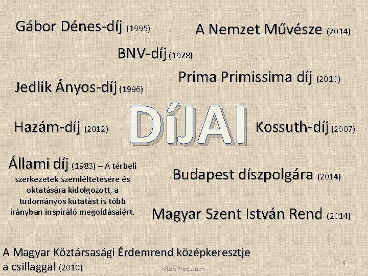 Gábor Dénes-díj (1995) A Nemzet Művésze (2014) BNV-díj (1978) Prima Primissima díj (2010) Jedlik