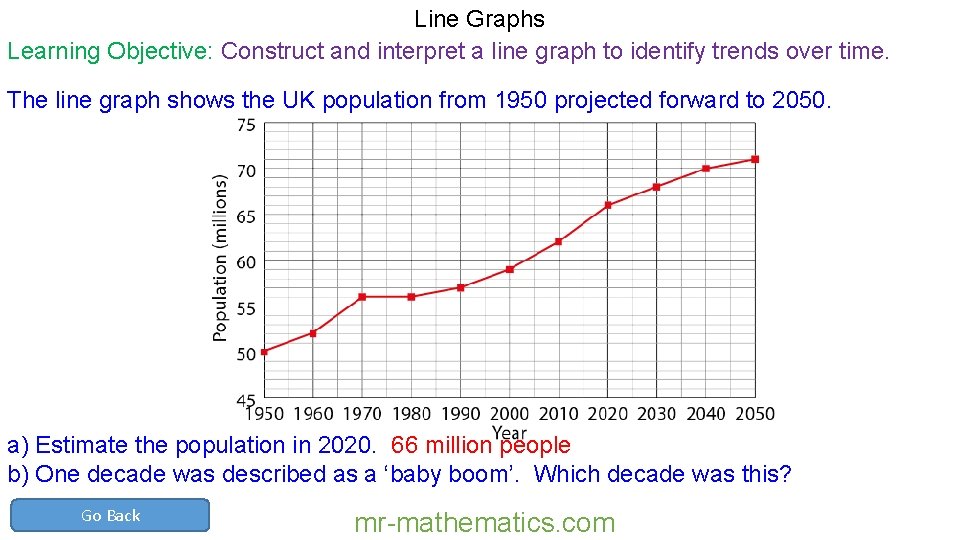 Line Graphs Learning Objective: Construct and interpret a line graph to identify trends over Line Graphs Learning Objective: Construct and interpret a line graph to identify trends over