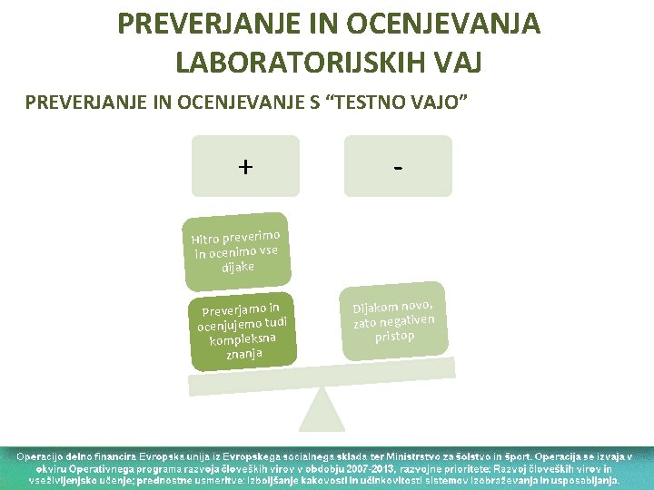 PREVERJANJE IN OCENJEVANJA LABORATORIJSKIH VAJ PREVERJANJE IN OCENJEVANJE S “TESTNO VAJO” + - Hitro