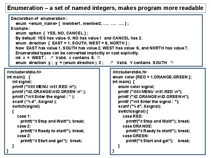 Enumeration – a set of named integers, makes program more readable Declaration of enumeration