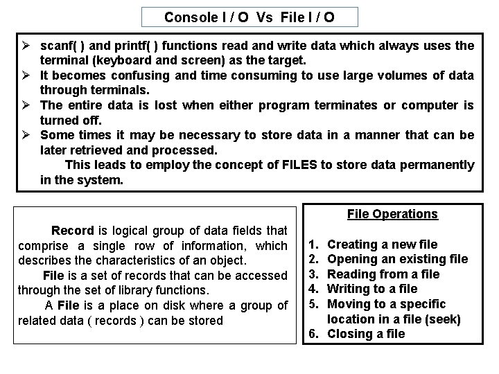 Console I / O Vs File I / O Ø scanf( ) and printf(
