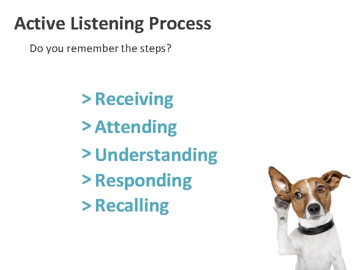 Active Listening Process Do you remember the steps? > Receiving > Attending > Understanding