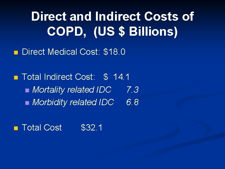 Direct and Indirect Costs of COPD, (US $ Billions) n Direct Medical Cost: $18.