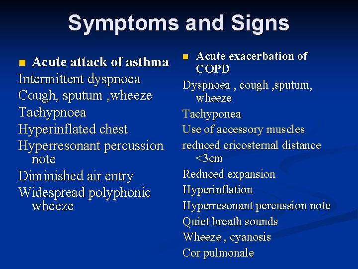 Symptoms and Signs Acute attack of asthma Intermittent dyspnoea Cough, sputum , wheeze Tachypnoea