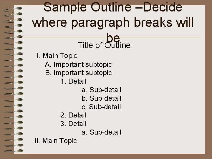 Sample Outline –Decide where paragraph breaks will be Title of Outline I. Main Topic