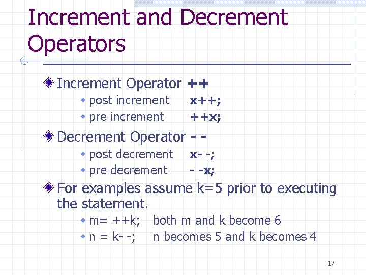 Increment and Decrement Operators Increment Operator ++ w post increment w pre increment x++; Increment and Decrement Operators Increment Operator ++ w post increment w pre increment x++;