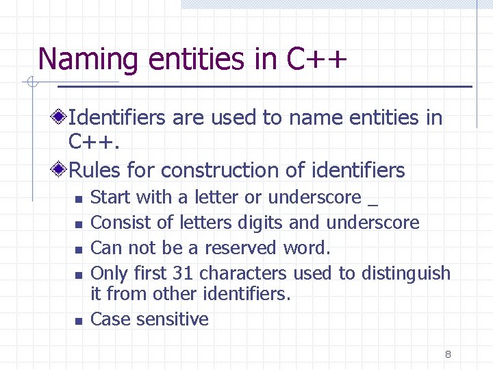 Naming entities in C++ Identifiers are used to name entities in C++. Rules for Naming entities in C++ Identifiers are used to name entities in C++. Rules for