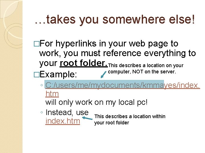 …takes you somewhere else! �For hyperlinks in your web page to work, you must