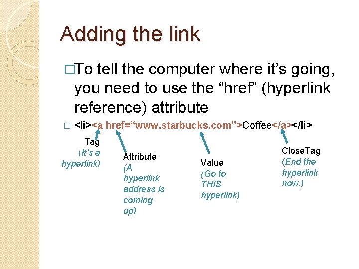 Adding the link �To tell the computer where it’s going, you need to use