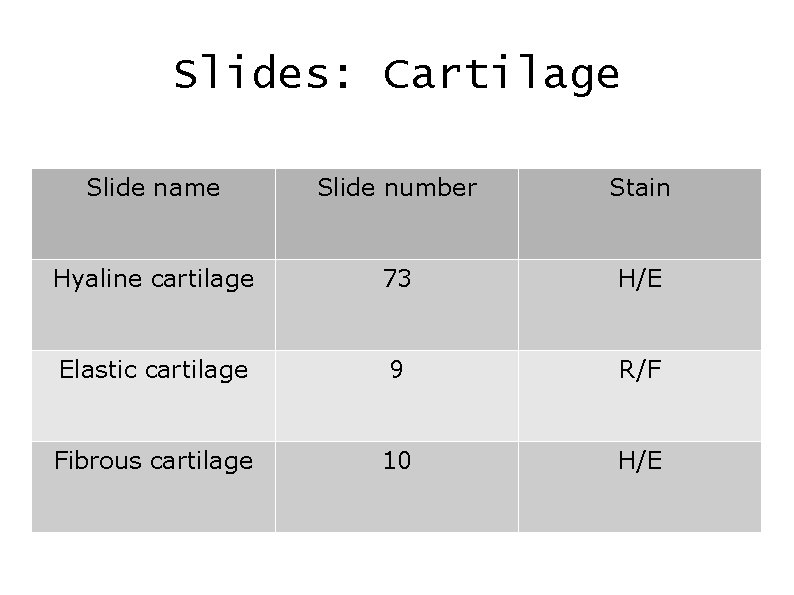 Slides: Cartilage Slide name Slide number Stain Hyaline cartilage 73 H/E Elastic cartilage 9