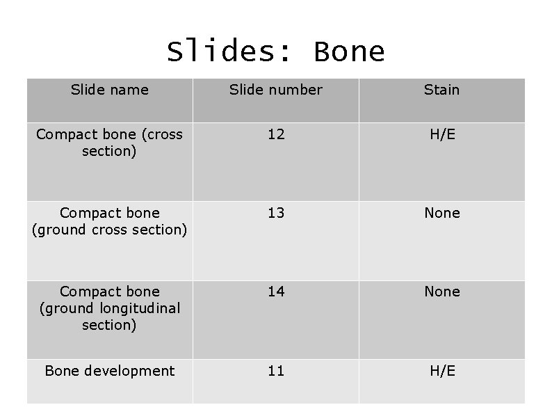 Slides: Bone Slide name Slide number Stain Compact bone (cross section) 12 H/E Compact