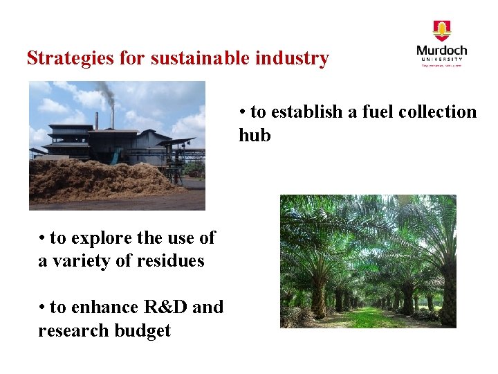 Strategies for sustainable industry • to establish a fuel collection hub • to explore