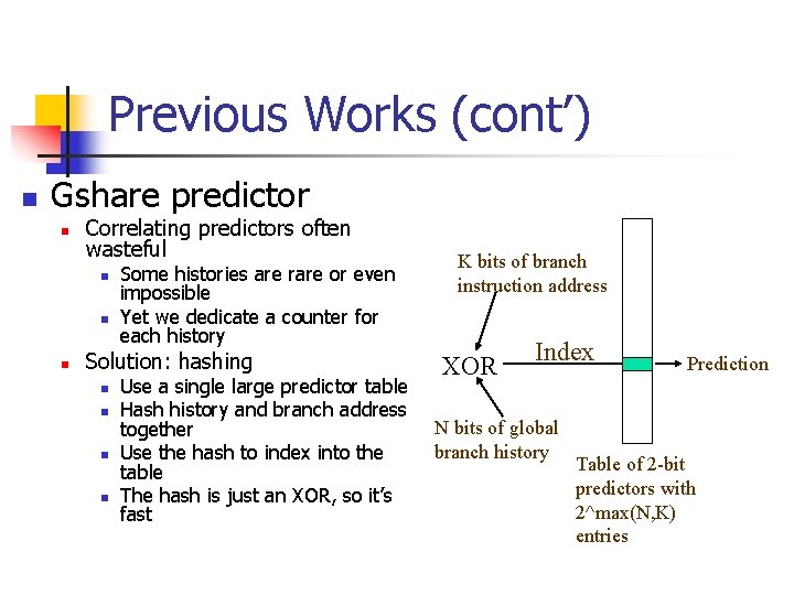 Previous Works (cont’) n Gshare predictor n Correlating predictors often wasteful n n n