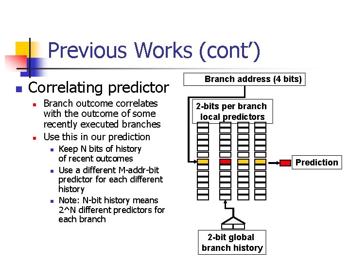 Previous Works (cont’) n Correlating predictor n n Branch outcome correlates with the outcome