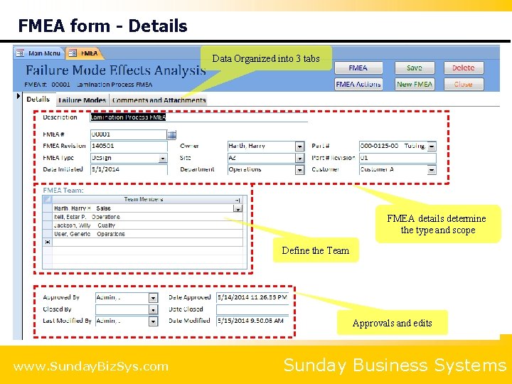 FMEA form - Details Data Organized into 3 tabs FMEA details determine the type