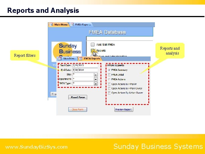 Reports and Analysis Report filters www. Sunday. Biz. Sys. com Reports and analysis Sunday