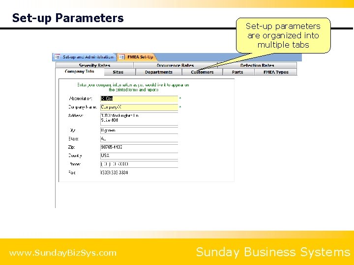 Set-up Parameters www. Sunday. Biz. Sys. com Set-up parameters are organized into multiple tabs