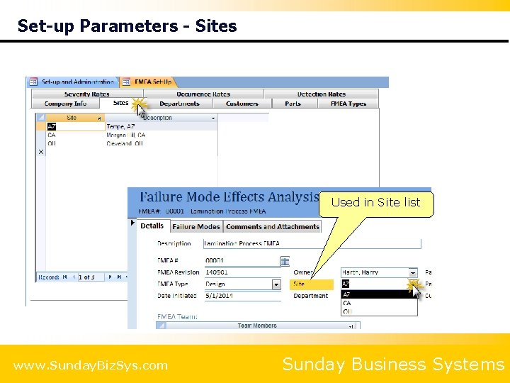 Set-up Parameters - Sites Used in Site list www. Sunday. Biz. Sys. com Sunday