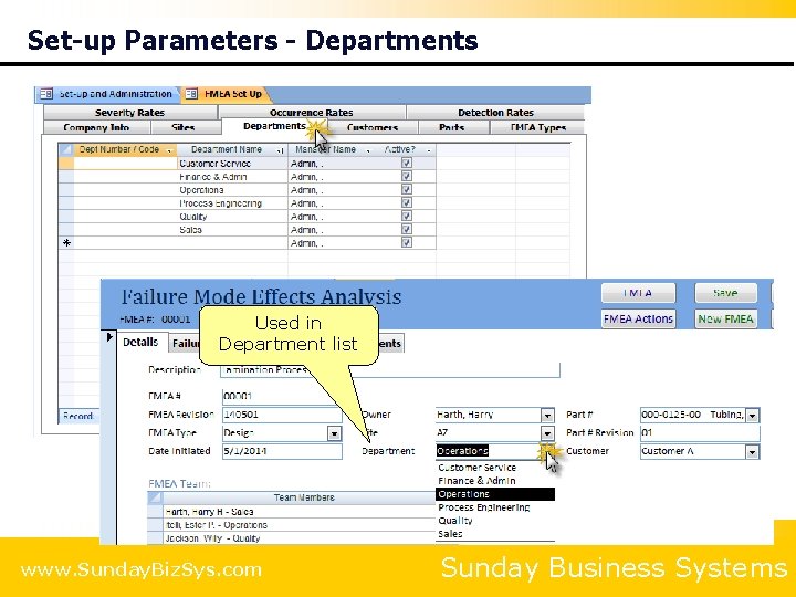 Set-up Parameters - Departments Used in Department list www. Sunday. Biz. Sys. com Sunday