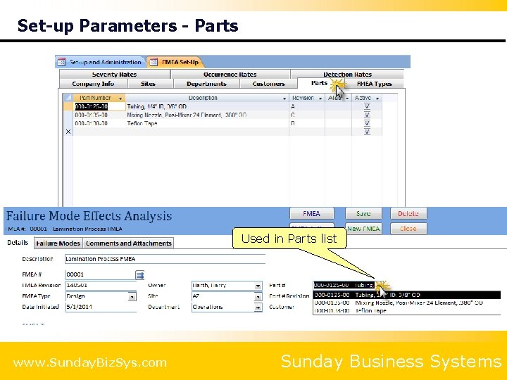 Set-up Parameters - Parts Used in Parts list www. Sunday. Biz. Sys. com Sunday