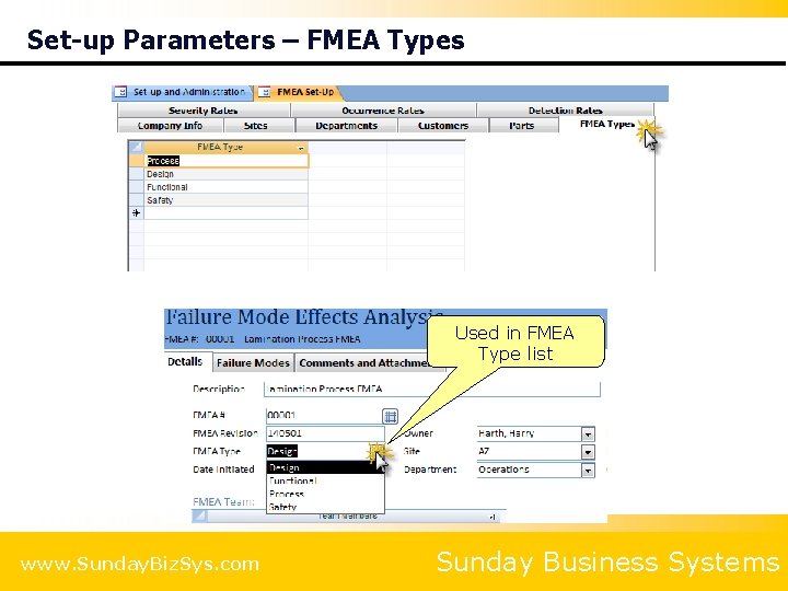 Set-up Parameters – FMEA Types Used in FMEA Type list www. Sunday. Biz. Sys.