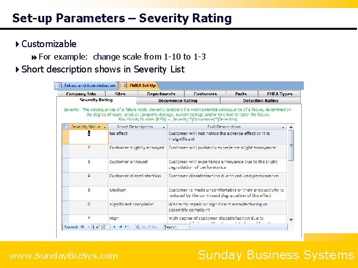 Set-up Parameters – Severity Rating 4 Customizable 8 For example: change scale from 1