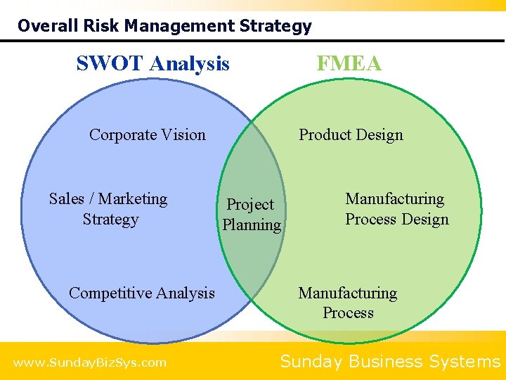 Overall Risk Management Strategy SWOT Analysis FMEA Corporate Vision Sales / Marketing Strategy Competitive