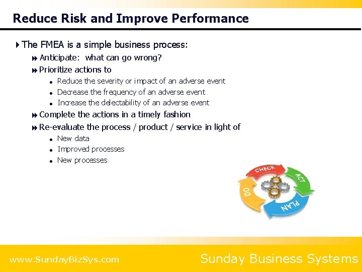 Reduce Risk and Improve Performance 4 The FMEA is a simple business process: 8