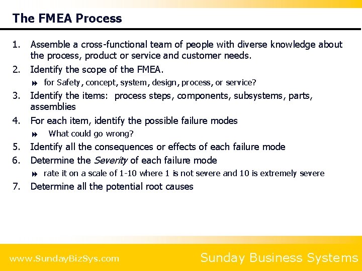 The FMEA Process 1. 2. Assemble a cross-functional team of people with diverse knowledge