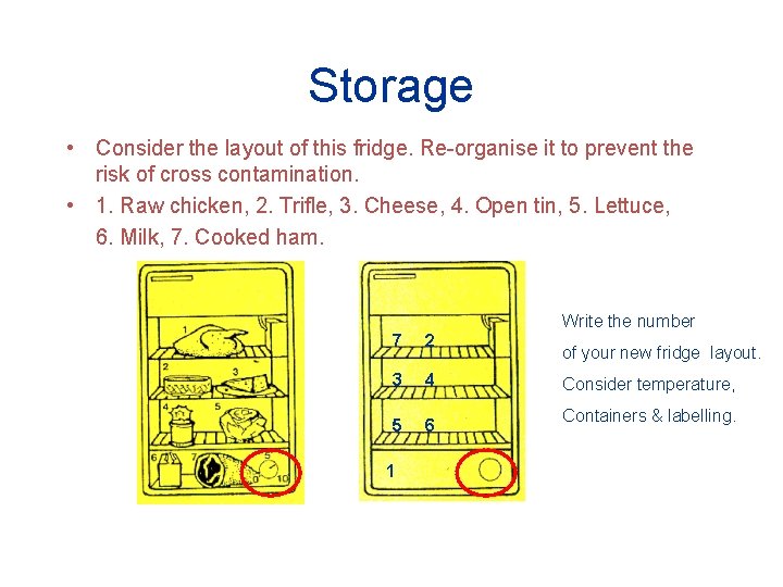 Storage • Consider the layout of this fridge. Re-organise it to prevent the risk